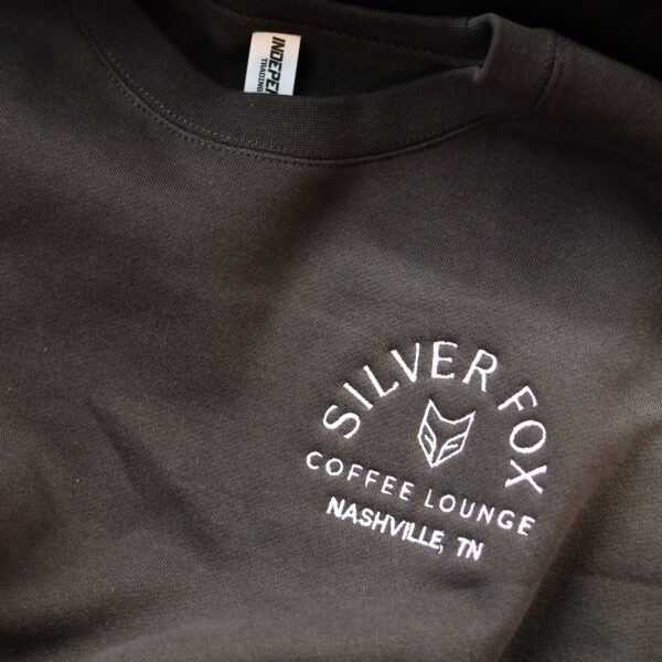 MERCH-crew-grey_closeup Grey Crew Neck Sweatshirt with Silver Fox Embroidery