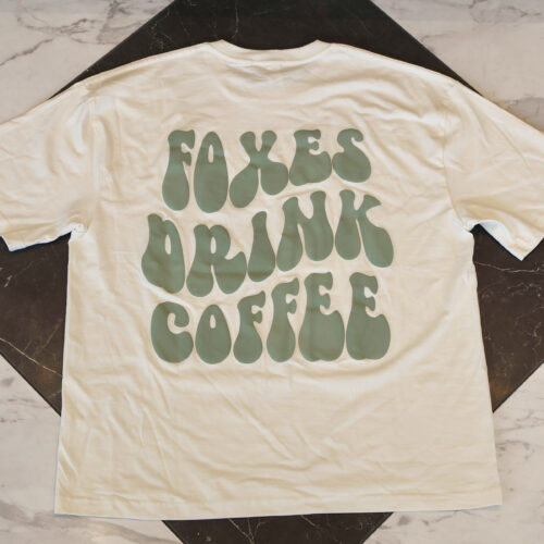 Neutral Color with Green Foxes Drink Coffee T-shirt